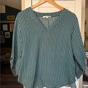 Chic Teal Striped V-Neck Blouse